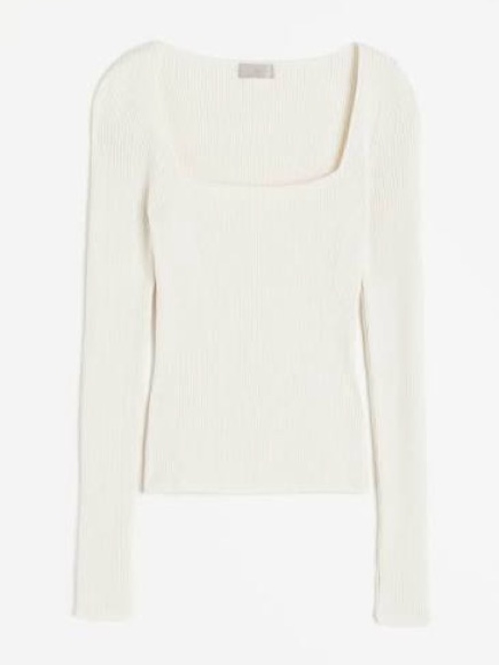 White Ribbed Square-Neck Long Sleeve Top